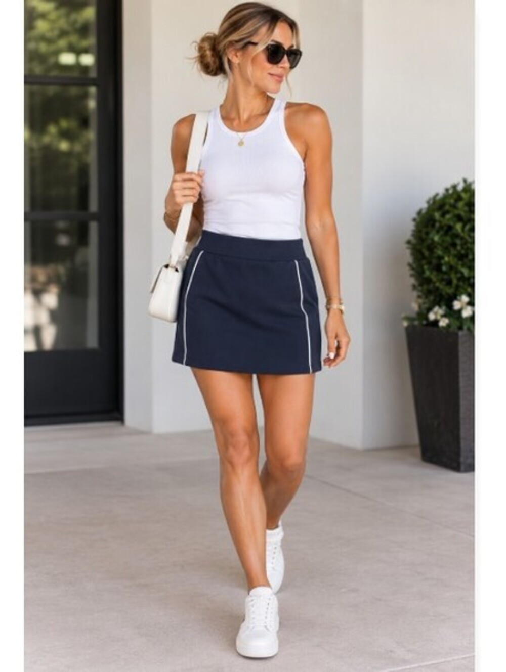 Spanx Navy AirPique Blue Athletic Skort White Piping Skirt Ret $88 21414R NWT